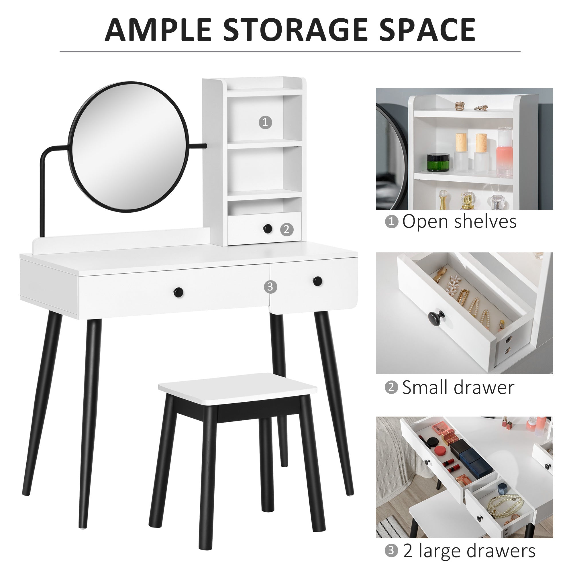 HOMCOM Dressing Table Set with Mirror and Stool, Vanity Makeup Table with 3 Drawers and Open Shelves for Bedroom, Living Room, White 