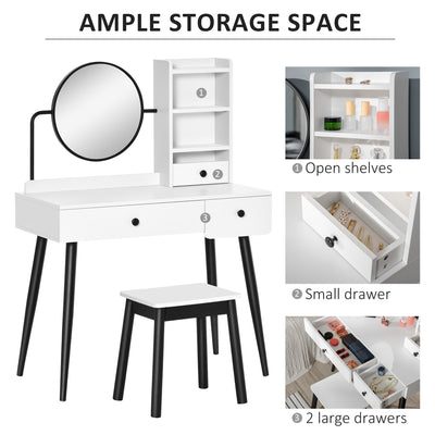 HOMCOM Dressing Table Set with Mirror and Stool, Vanity Makeup Table with 3 Drawers and Open Shelves for Bedroom, Living Room, White 