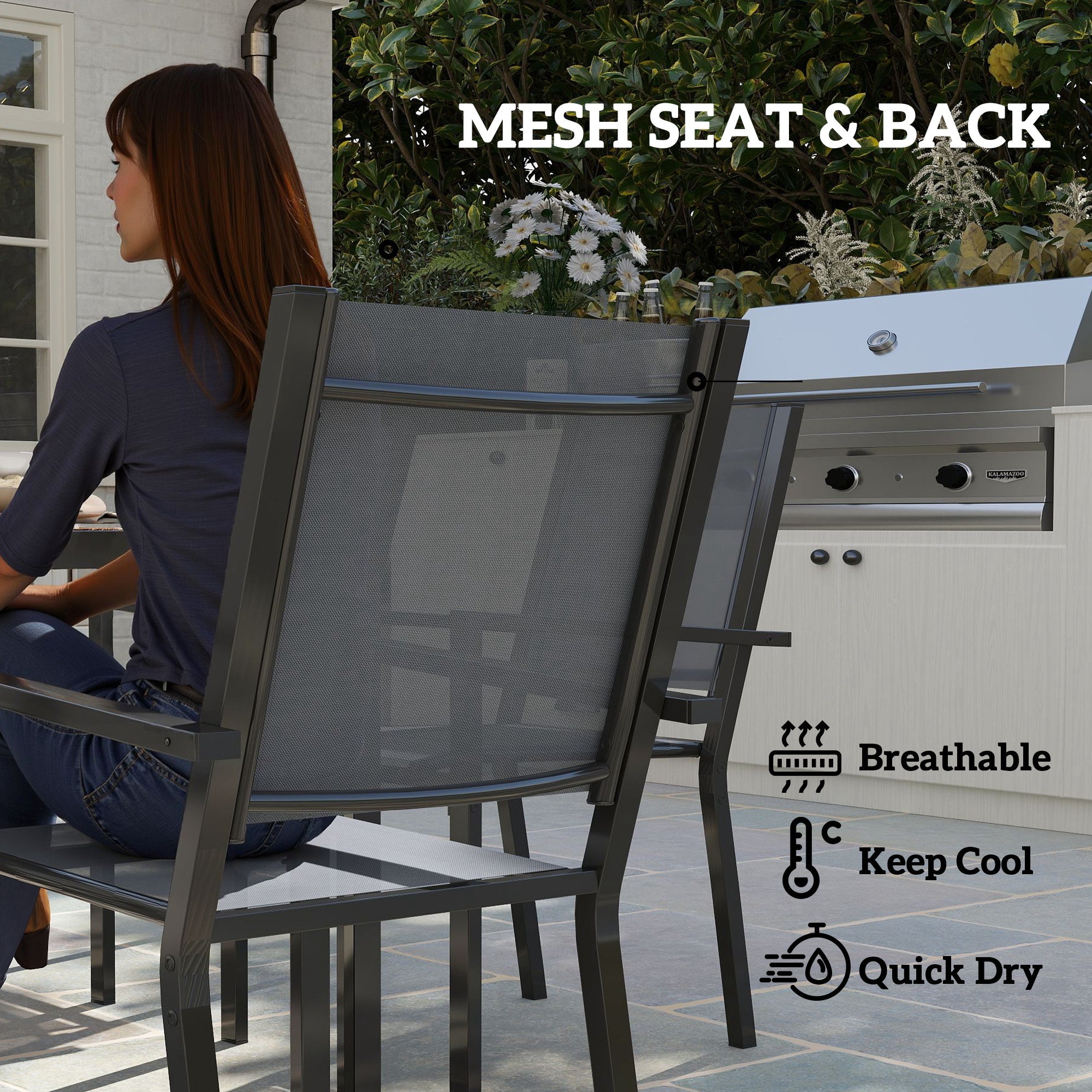 Outsunny 7 Piece Garden Dining Set, Outdoor Furniture Set with 6 Stackable Chairs and 150 cm Rectangle Table, WPC Slatted Top, Rust-Resistant Steel Frame, for Garden, Porch, Terrace 