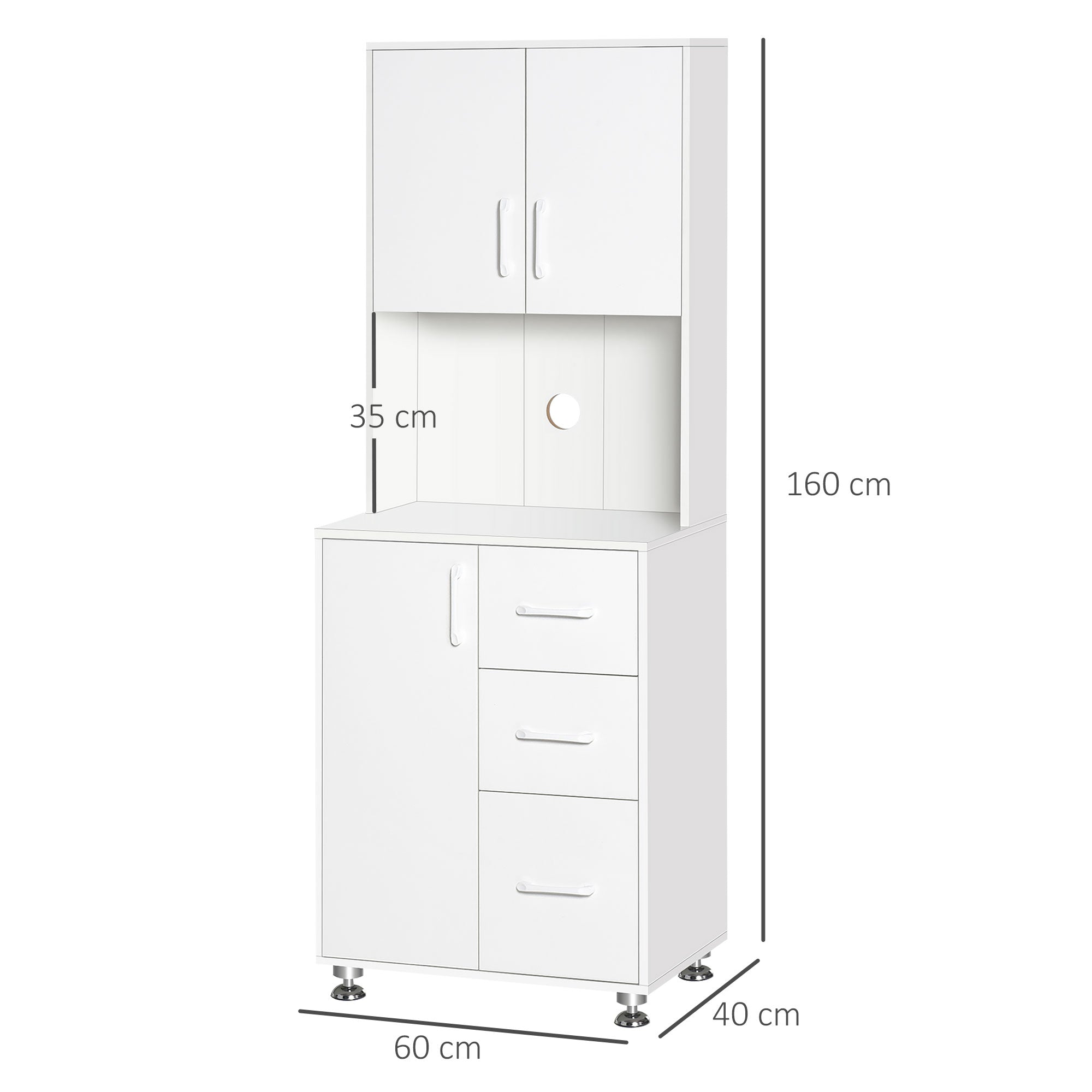HOMCOM Modern Kitchen Cupboard with Storage Cabinets, 3 Drawers and Open Countertop for Living Room, White 