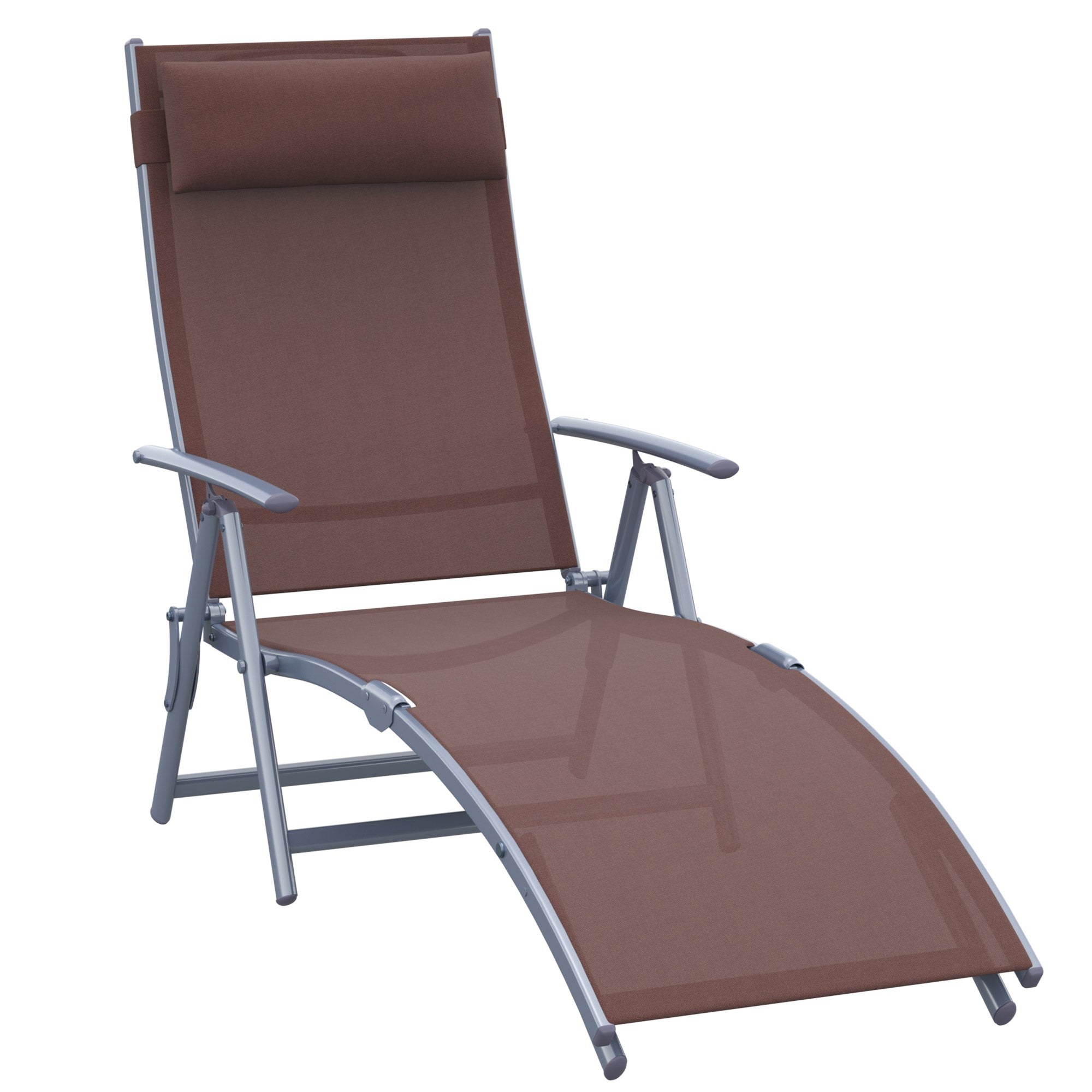 Outsunny Sun Lounger Steel Frame Outdoor Folding Chaise Texteline Lounge Chair Recliner with Headrest & 7 Levels Adjustable Backrest, Brown 
