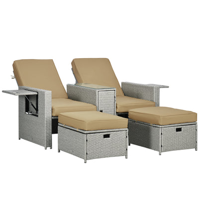 Outsunny 5PC PE Rattan Sun Lounger, Outdoor Wicker 5-level Adjustable Recliner Sofa Bed with Storage Side Table and Footstools, for Patio, Garden, Poolside, Beige 