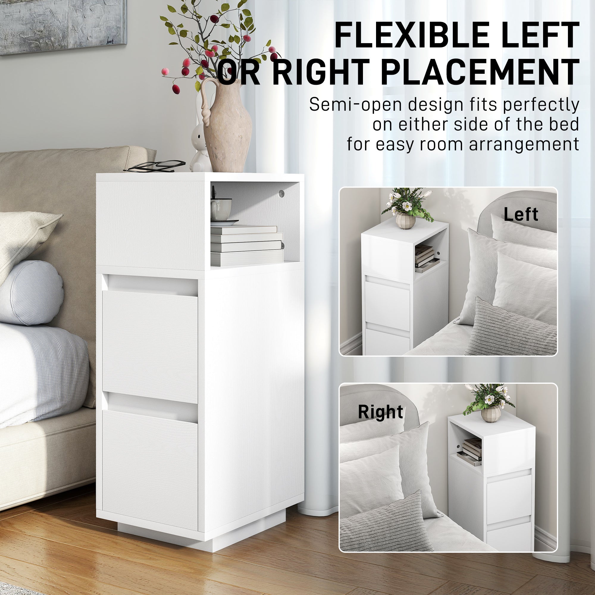 HOMCOM Slim Bedside Table, Narrow Bedside Cabinet with Open Shelf and 2 Drawers for Bedroom, Living Room, White 