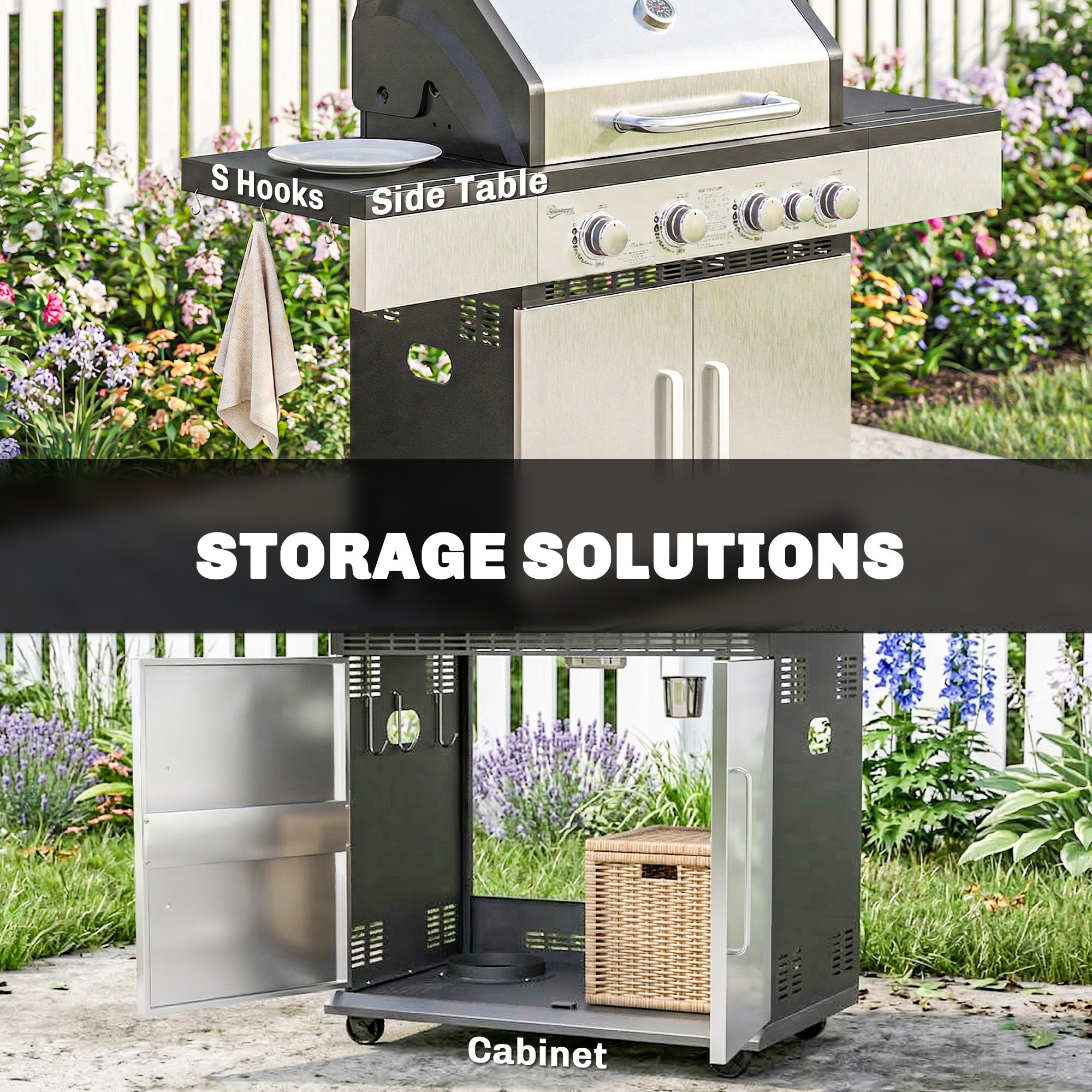 Outsunny 4+1 Burner Gas BBQ Grill, Portable Gas Barbecue Grill with Side Burner, Warming Rack, Side Shelf, Storage Cabinet 
