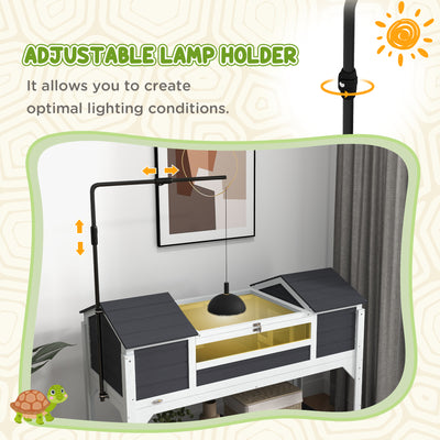 PawHut Wooden Tortoise Enclosure w/ Adjustable Lamp Holder, Openable Lid, Dual Main Houses, Storage Shelf, Fixed Tray - Grey 