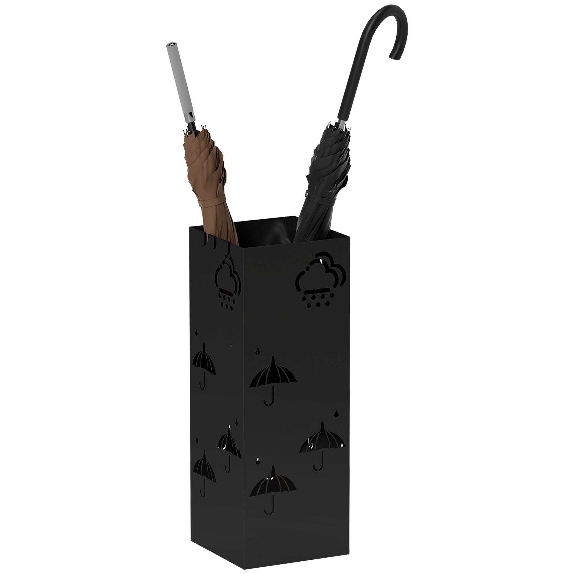 HOMCOM Metal Umbrella Stand, Square Umbrella Holder with Removable Drip Tray and 4 Hooks, Decorative Umbrella Storage Rack for Hallway, Entryway, 15.5 x 15.5 x 41 cm, Black 