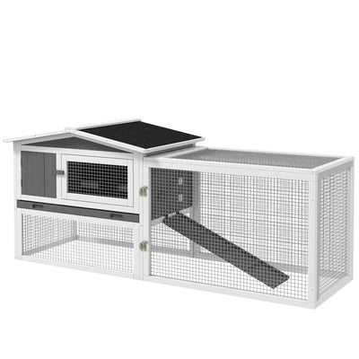 PawHut Rabbit Hutch with Run Wooden Guinea Pig Hutch Outdoor Bunny Cage Hide House with Sliding Tray, Hay Rack, Ramp, 156 x 58 x 68cm, Grey 