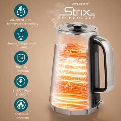 HOMCOM Electric Stainless Steel Kettle and Toaster Set, 3000W 1.7L UK Strix Thermostat Fast Boil Kettle w/ Limescale Filter, Cool Touch Body, 4 Slice Toaster with 7 Browning Levels, Crumb Tray, Black 