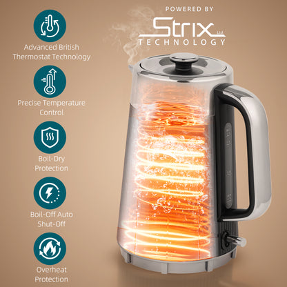 HOMCOM Electric Stainless Steel Kettle and Toaster Set, 3000W 1.7L UK Strix Thermostat Fast Boil Kettle w/ Limescale Filter, Cool Touch Body, 4 Slice Toaster with 7 Browning Levels, Crumb Tray, Black