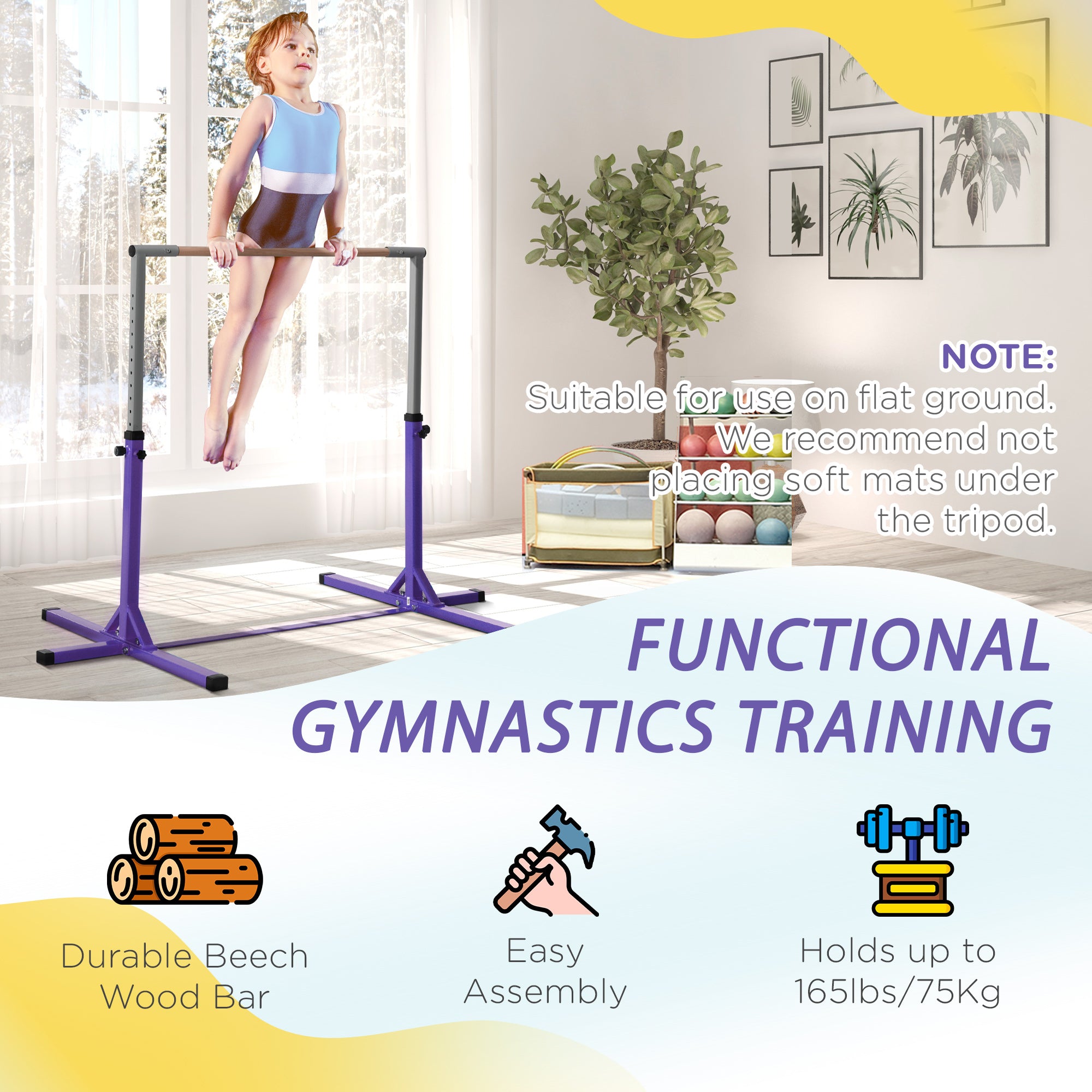 HOMCOM Steel Frame Adjustable Horizonal Gymnastics Bar For Kids Home Gym Training Purple 