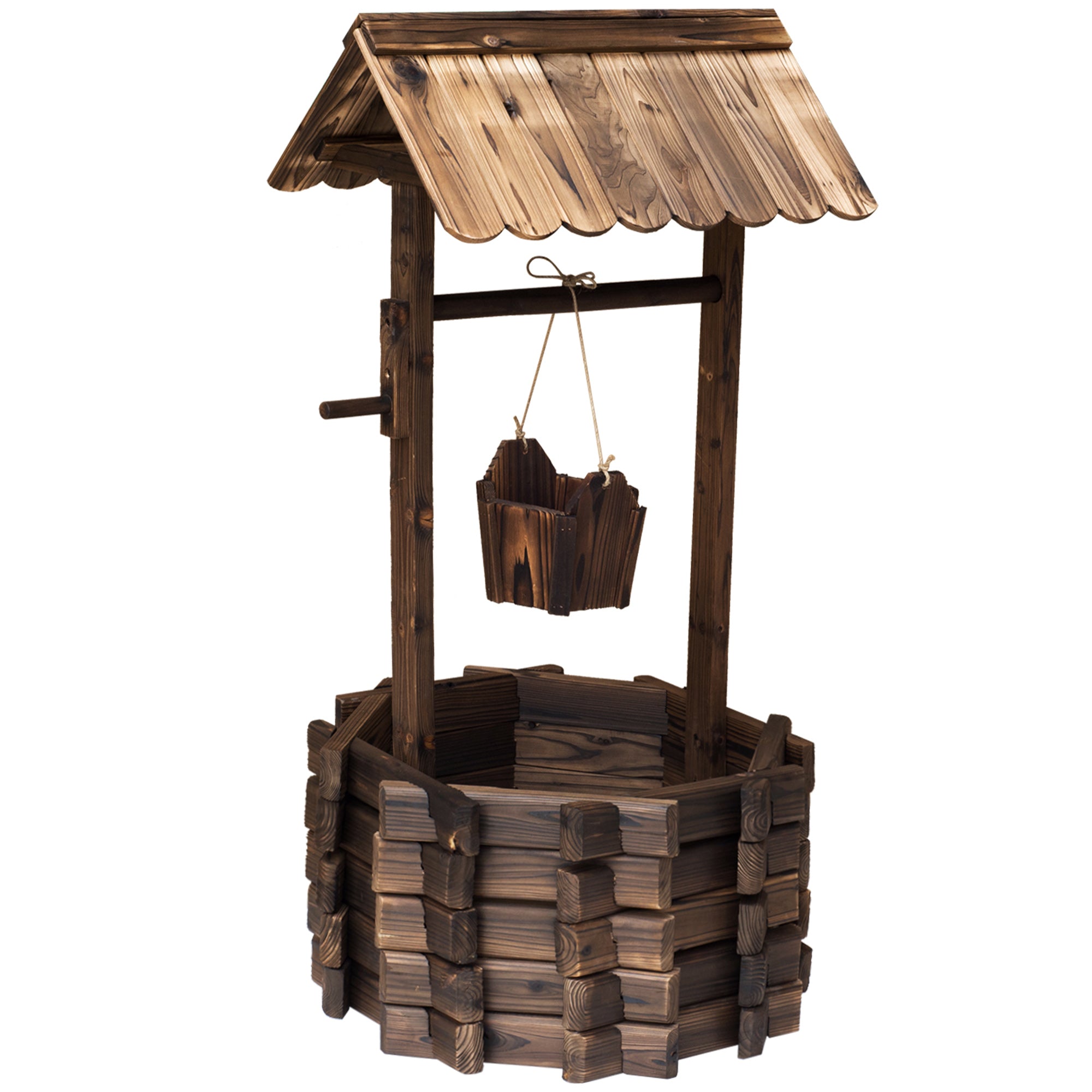 Outsunny Wooden Wishing Well Planter Outdoor Flower Pot Backyard Garden Decor w/ Bucket 