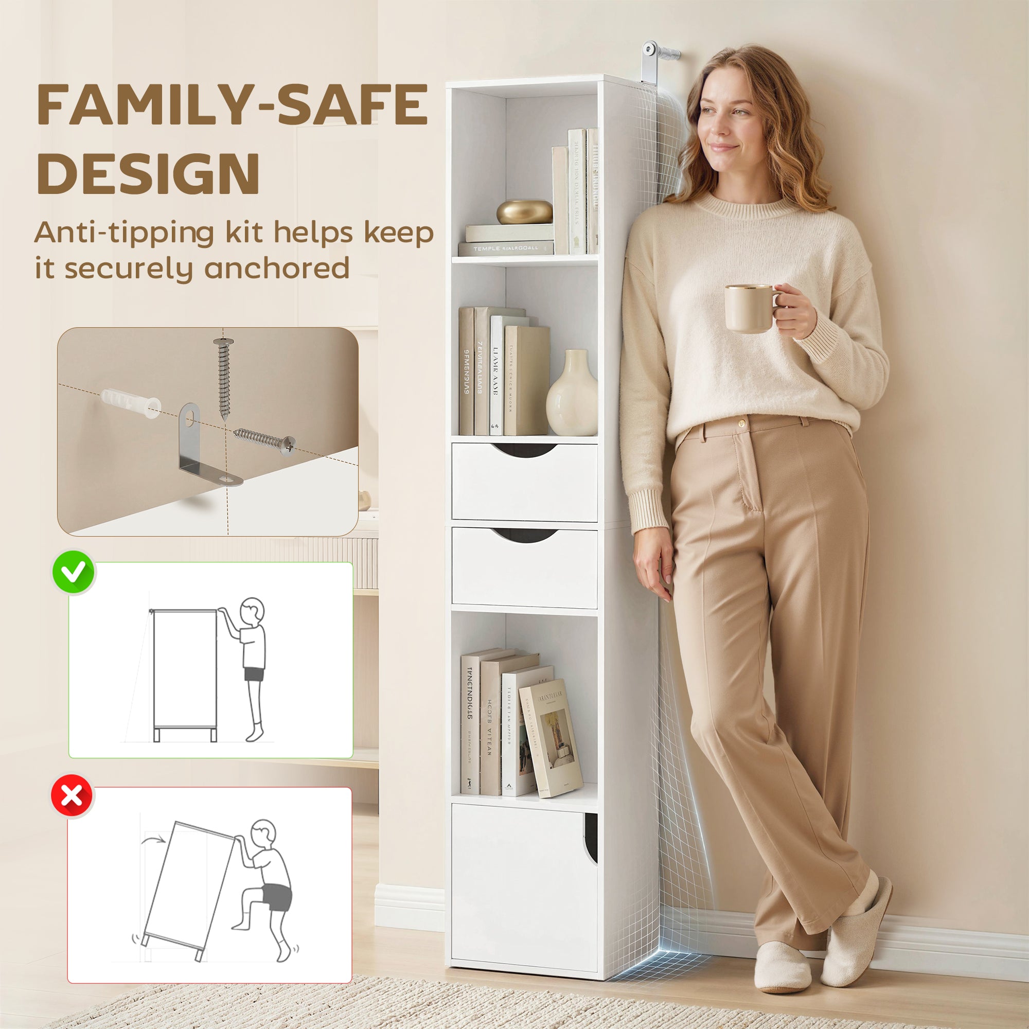 HOMCOM Bookcase with Drawers Adjustable Shelf Bookshelf with 2 Drawers and Cabinet 158 cm White 