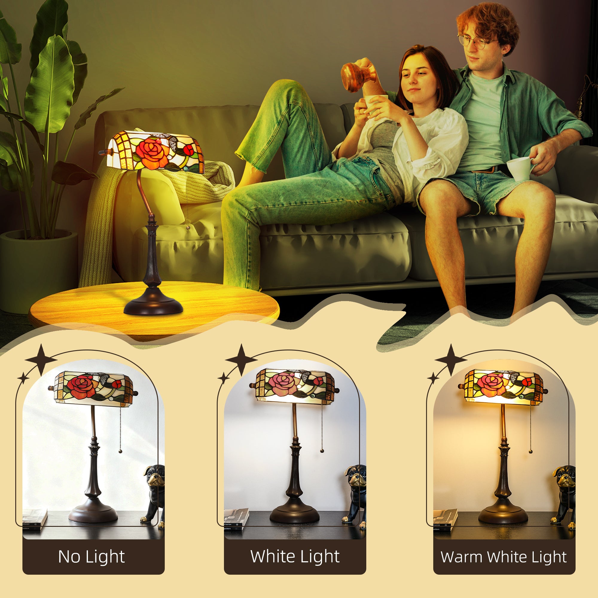 HOMCOM Tiffany-Style Rose and Butterfly Table Lamp - Multi 