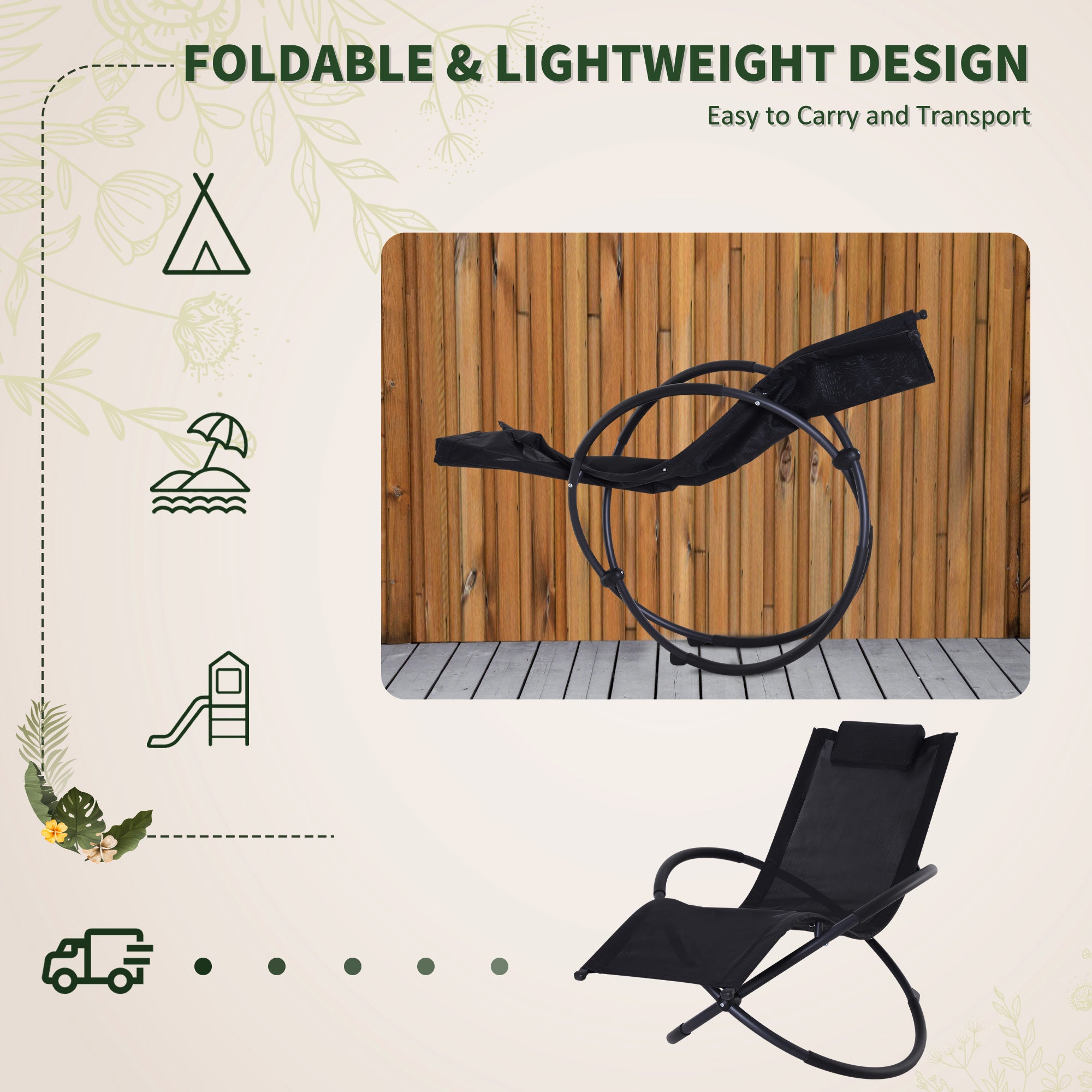 Outsunny Outdoor Orbital Lounger Zero Gravity Patio Chaise Foldable Rocking Chair w/ Pillow Black 