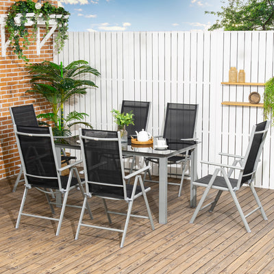 Outsunny 7 Piece Garden Dining Set, Outdoor Table and 6  Folding and Reclining Chairs, Aluminium Frame, Tempered Glass Top Table, Texteline Seats, Black 