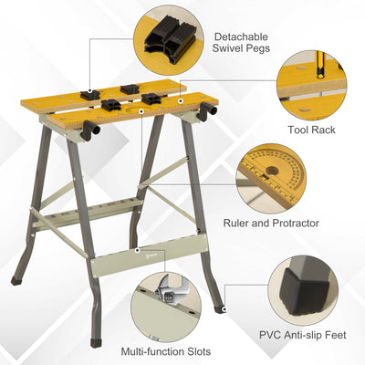 DURHAND 4-in-1 Work Bench, Saw Horse Folding Clamp Table w/ 4 Adjustable Clamping Pegs for DIY Home Garage, Grey 
