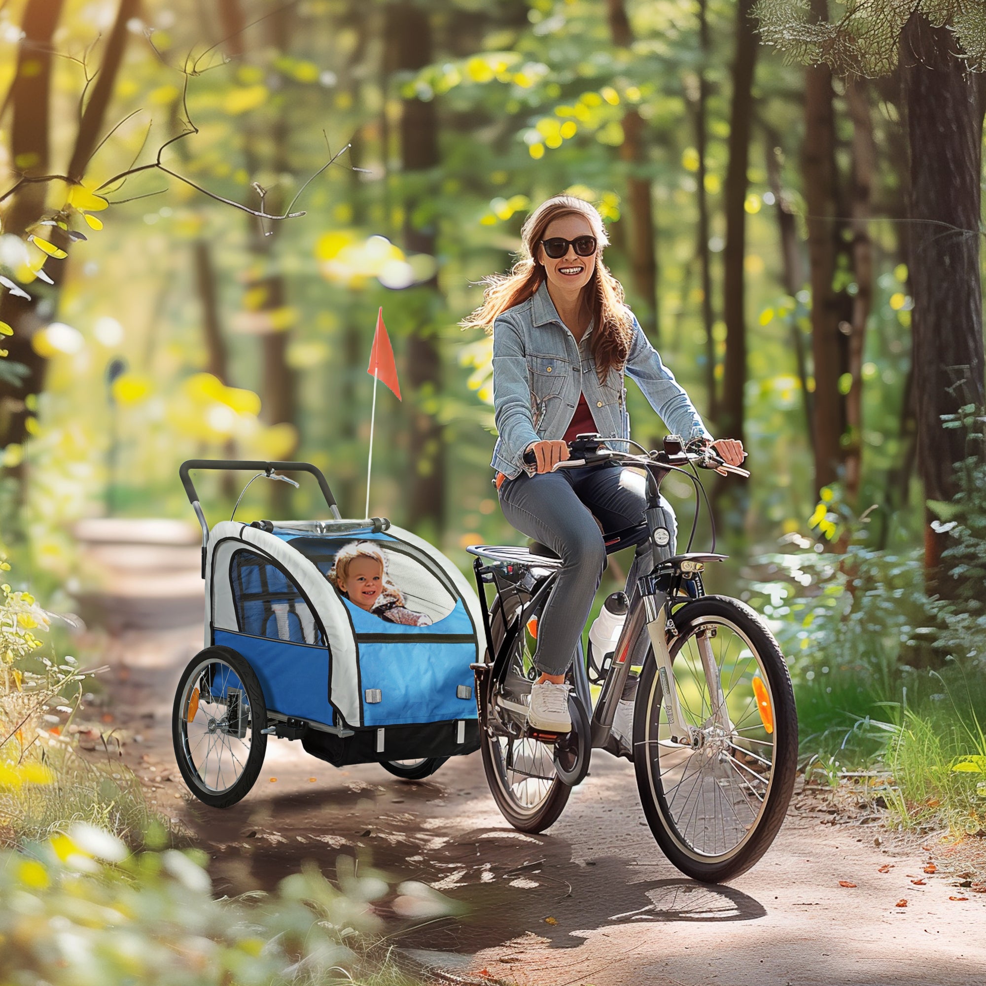 HOMCOM 2 Seat Bike Trailer with 5 Point Harness, Baby Bike Stroller with Safety Flag, Reflectors, for 18+ Months, Blue 