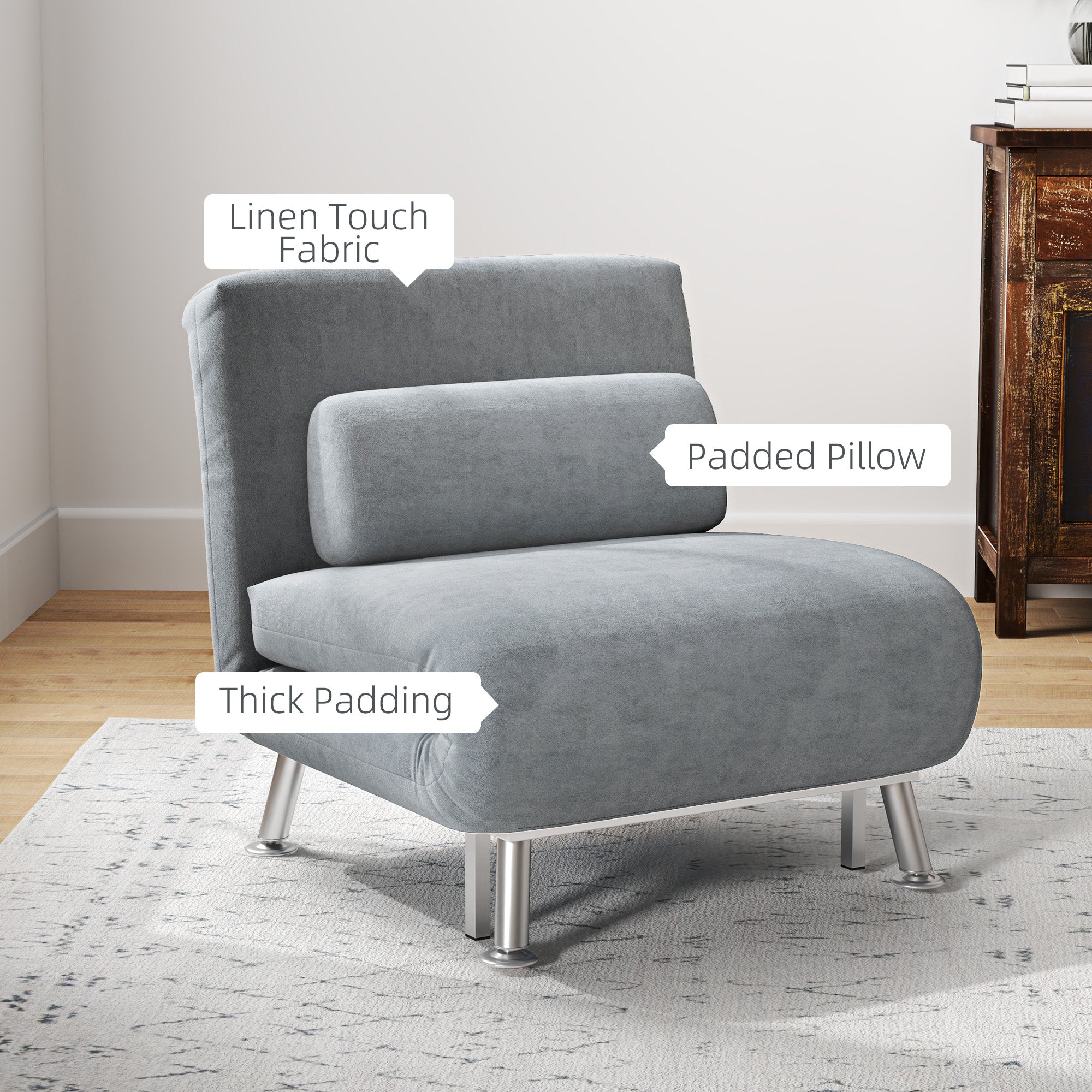 HOMCOM Single Velvet-Feel Sleeper Chair - Grey 