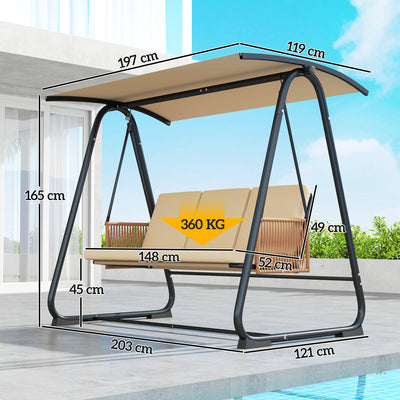 Outsunny 3 Seater Swing Chair with Adjustable Canopy, 360 kg Garden Swing Seat Outdoor Hammock Bench with Cushions, Sand Brown 