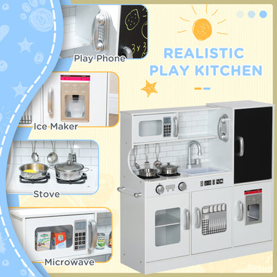 AIYAPLAY Pretend Play Kitchen, Kids Kitchen Playset, with Toy Phone, Chalkboard, Microwave, Cooking Stove, Sink, White 