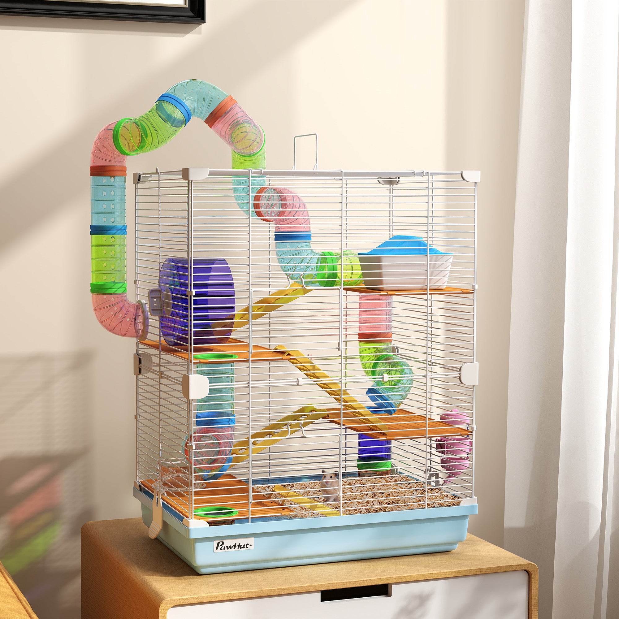 PawHut 5 Tier Hamster Cage Carrier Habitat w/ Exercise Wheels, Tunnel, Light Blue 
