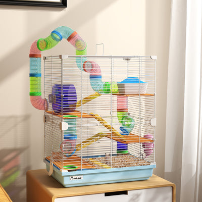PawHut 5 Tier Hamster Cage Carrier Habitat w/ Exercise Wheels, Tunnel, Light Blue 