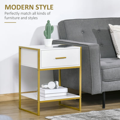 HOMCOM Bedside Table Set of 2, Modern Side Tables with Drawer and Shelf, Nightstands for Bedroom, White 