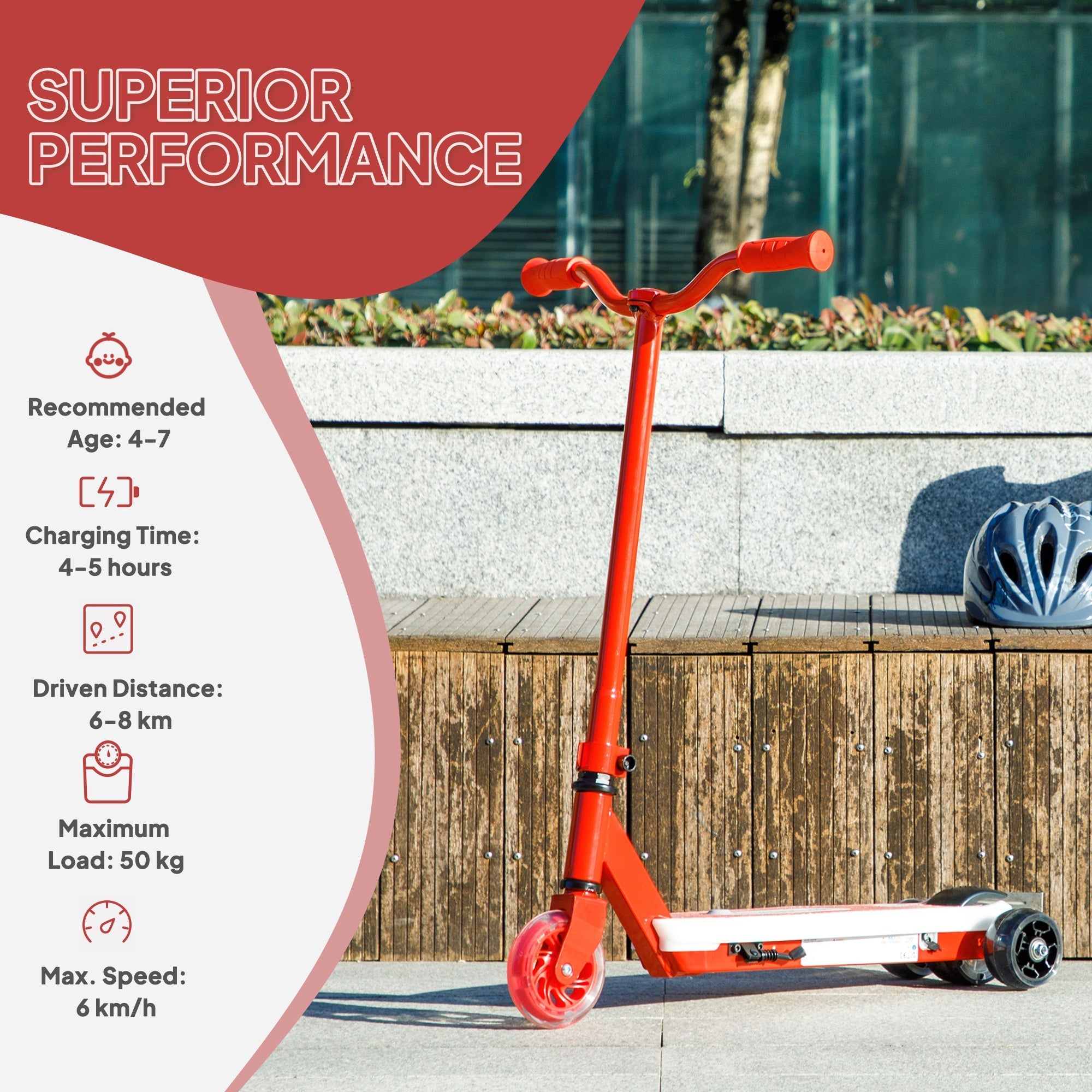 AIYAPLAY Electric Scooter for Kids Ages 4-7, with Auxiliary Rear Wheels, Flashing LED Light and Electric Brake, Kids Electric Scooter for Boys Girls, 6 KM/H & 8 KM, Red 