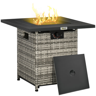Outsunny Outdoor PE Rattan Gas Fire Pit Table, Patio Square Propane Heater with Rain Cover, Mesh Lid and Lava Stone, 40,000 BTU, Mixed Grey 
