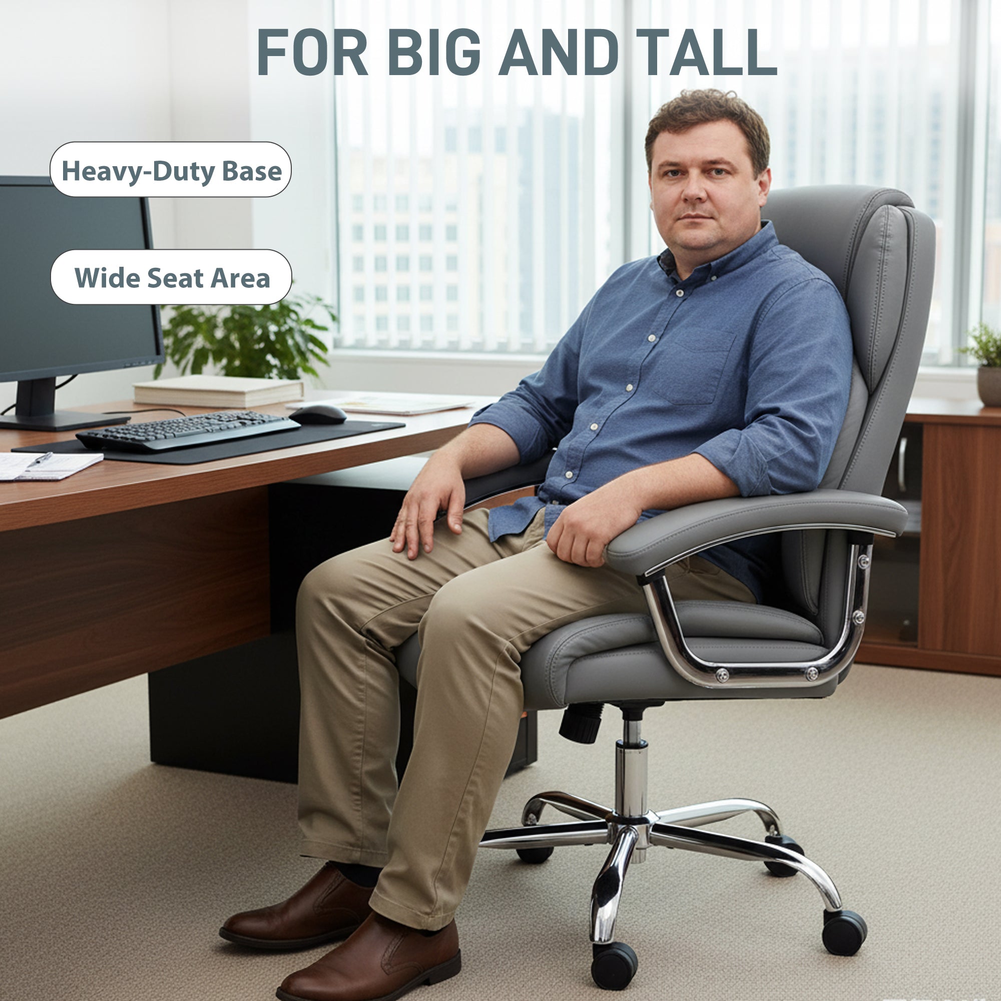 HOMCOM Big and Tall Office Chair 180kg with Spring Cushion, PU Leather - Grey 