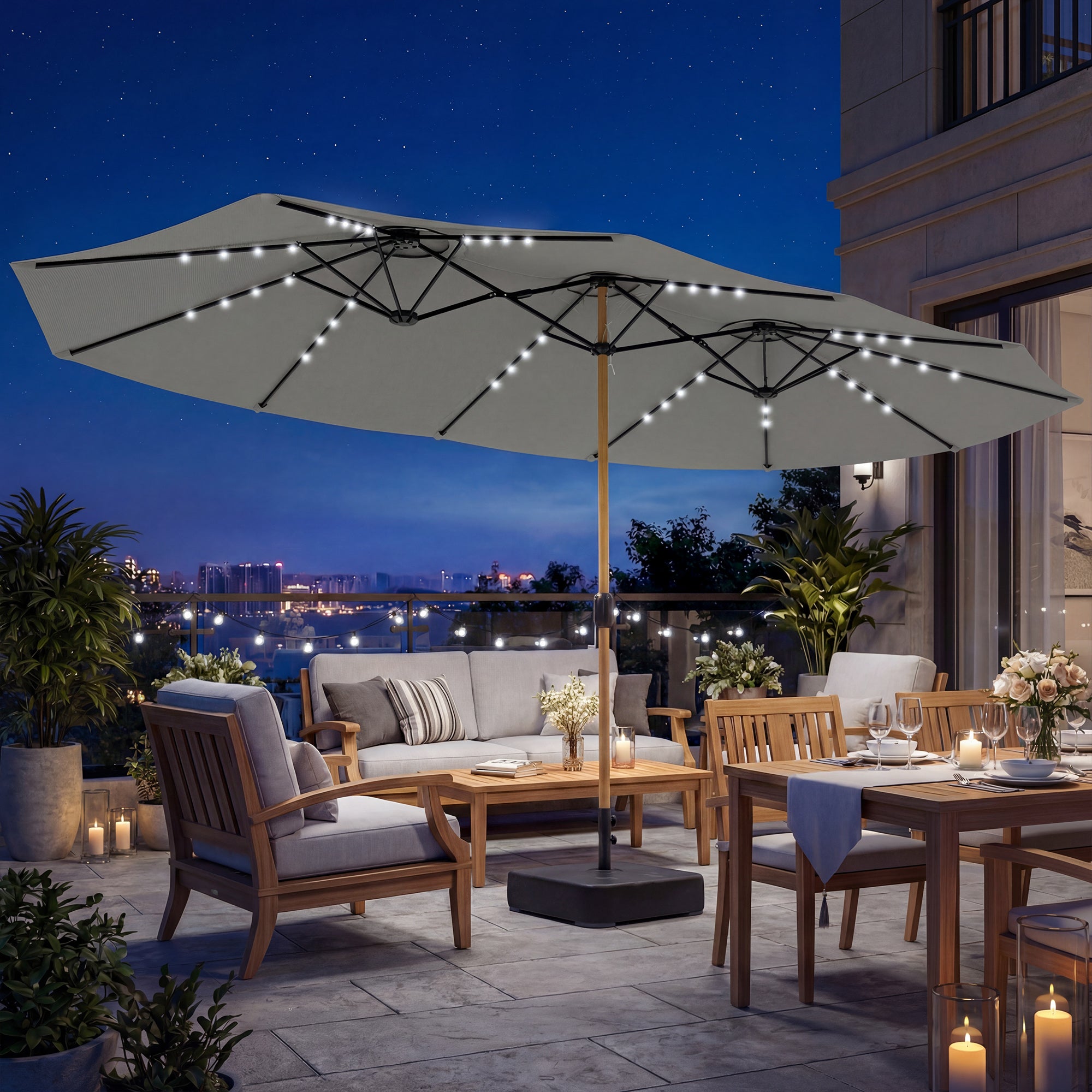 Outsunny Double Sided Garden Parasol with Base Included & 48 Solar LED Lights Patio Umbrella Crank Handle 4.6m Light Grey 
