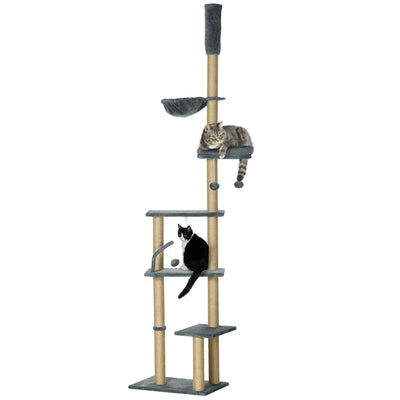 PawHut Floor to Ceiling Cat Tree for Indoor Cats, 6-Tier Play Tower Climbing Activity Center with Scratching Post, Platforms, Bed, Hammock, Adjustable Height 230-250cm, Grey 