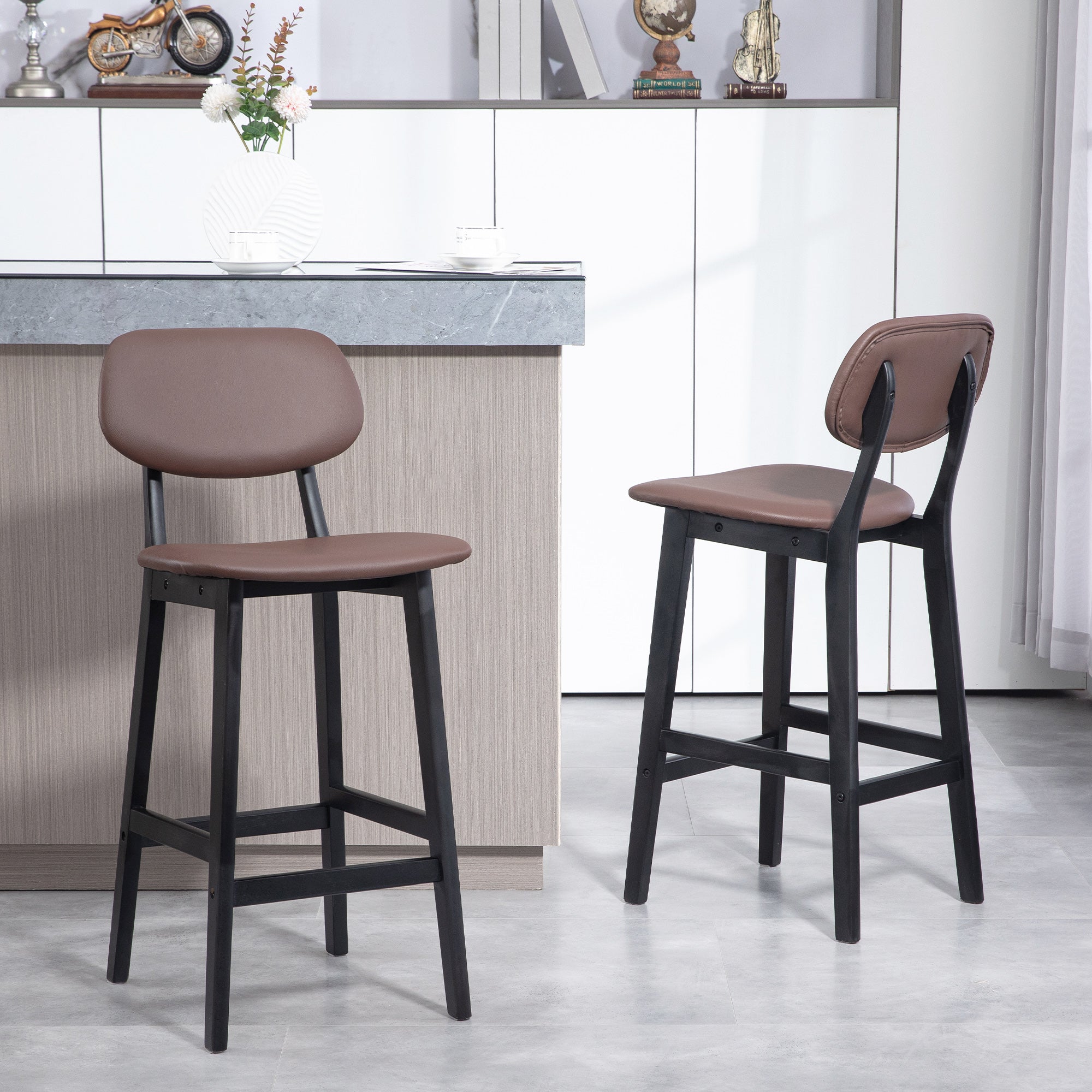 HOMCOM Bar Stools Set of 2, Contemporary Breakfast Bar Chairs, Faux Leather Upholstered Kitchen Stools with Backs and  Solid Wood Legs, Brown