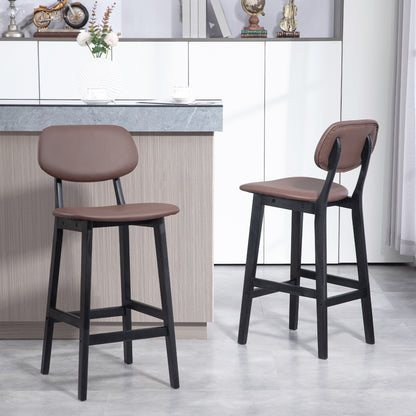 HOMCOM Bar Stools Set of 2, Contemporary Breakfast Bar Chairs, Faux Leather Upholstered Kitchen Stools with Backs and  Solid Wood Legs, Brown