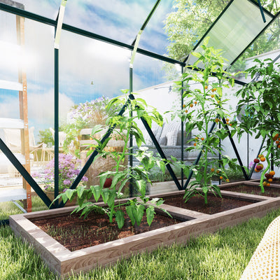 Outsunny 8 x 12ft Aluminium Greenhouse Polycarbonate Walk-in Garden Greenhouse Kit with Adjustable Roof Vent, Double Sliding Door, Rain Gutter and Foundation, Clear 