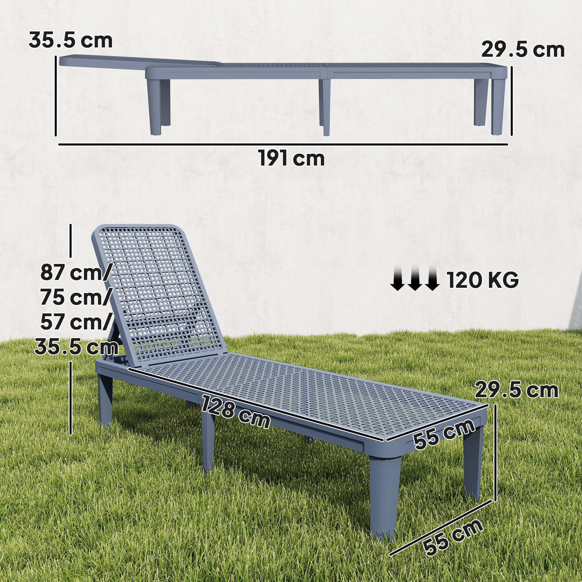 Outsunny Plastic Sun Lounger, 4-Position Adjustable Reclining Garden Lounger Sunbed for Patio, Beach, Terrace, Dark Grey 