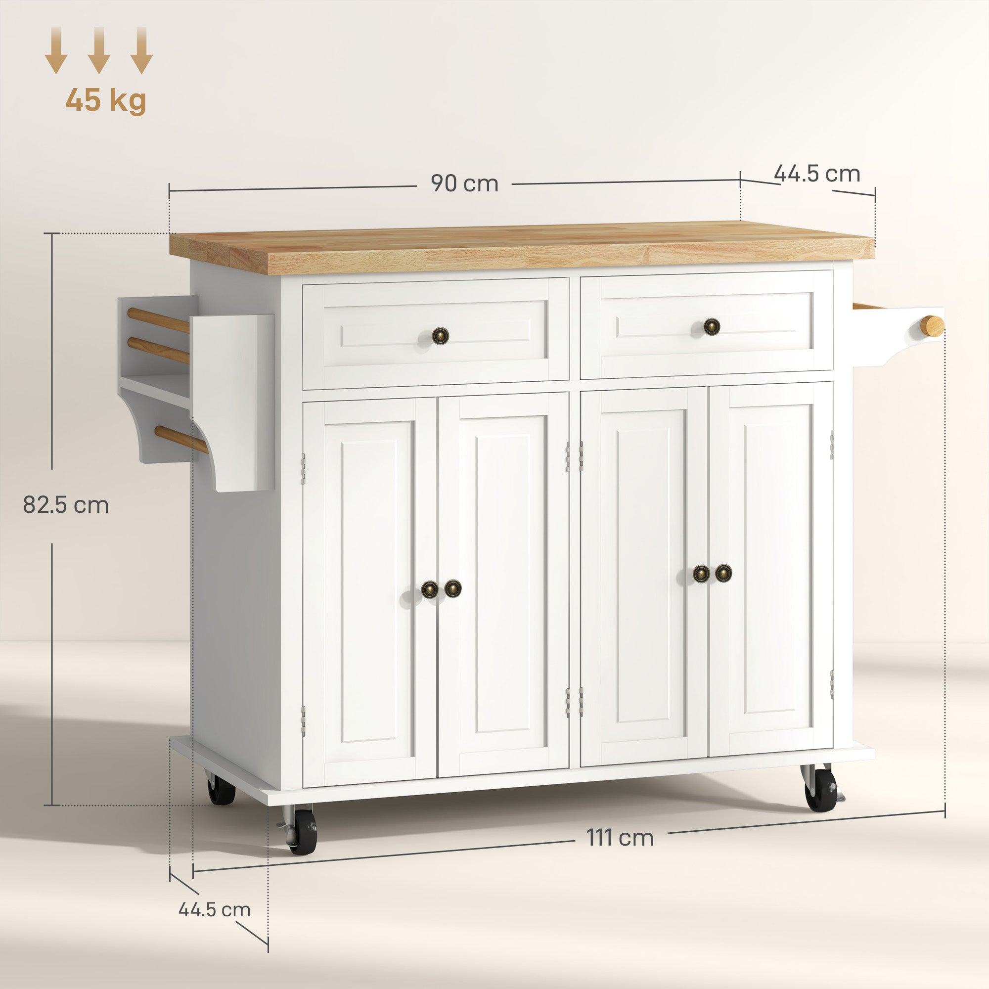 HOMCOM Rolling Kitchen Island Storage Trolley with Rubber Wood Top & Drawers for Dining Room, Cream White 