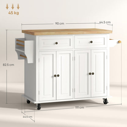 HOMCOM Rolling Kitchen Island Storage Trolley with Rubber Wood Top & Drawers for Dining Room, Cream White 