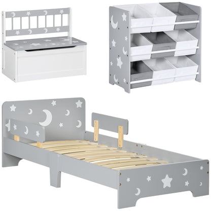 ZONEKIZ 3PCs Kids Furniture Bedroom Set with Bed, Toy Box Bench, Storage Unit with Baskets, Star and Moon Patterns, for 3-6 Years Old Boys Girls, Grey 