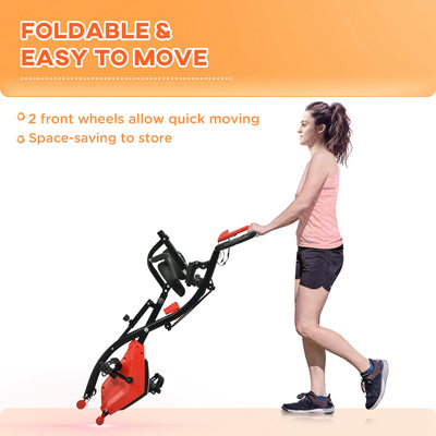 HOMCOM 2-in-1 Folding Exercise Bike with 8-Level Magnetic Resistance, Arm Resistance Band, Pulse Sensor, Red 
