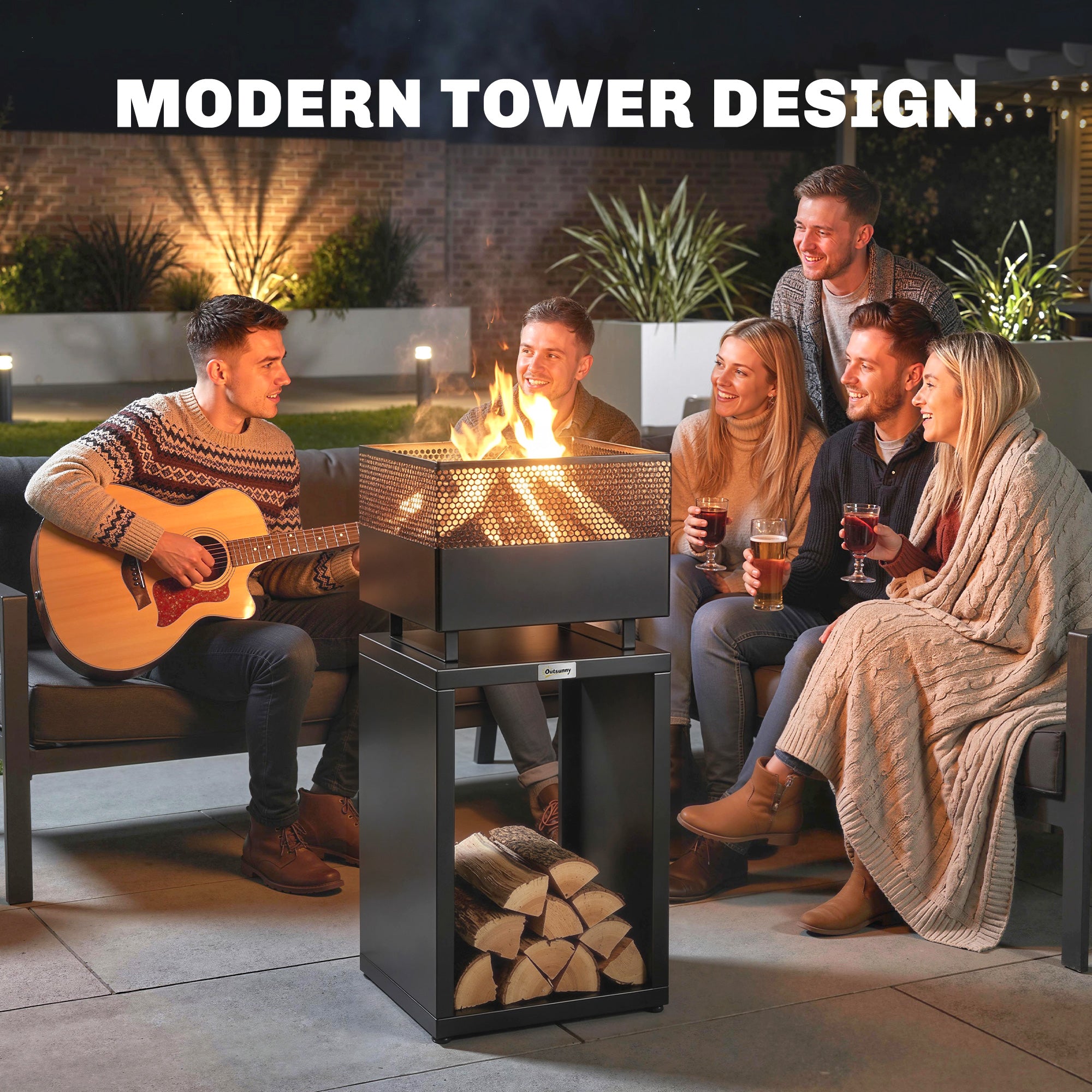 Outsunny Outdoor Fire Pit with Wood Storage Wood Burning Firepit with Mesh Sides 87 cm Black 