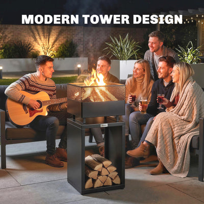 Outsunny Outdoor Fire Pit with Wood Storage Wood Burning Firepit with Mesh Sides 87 cm Black 