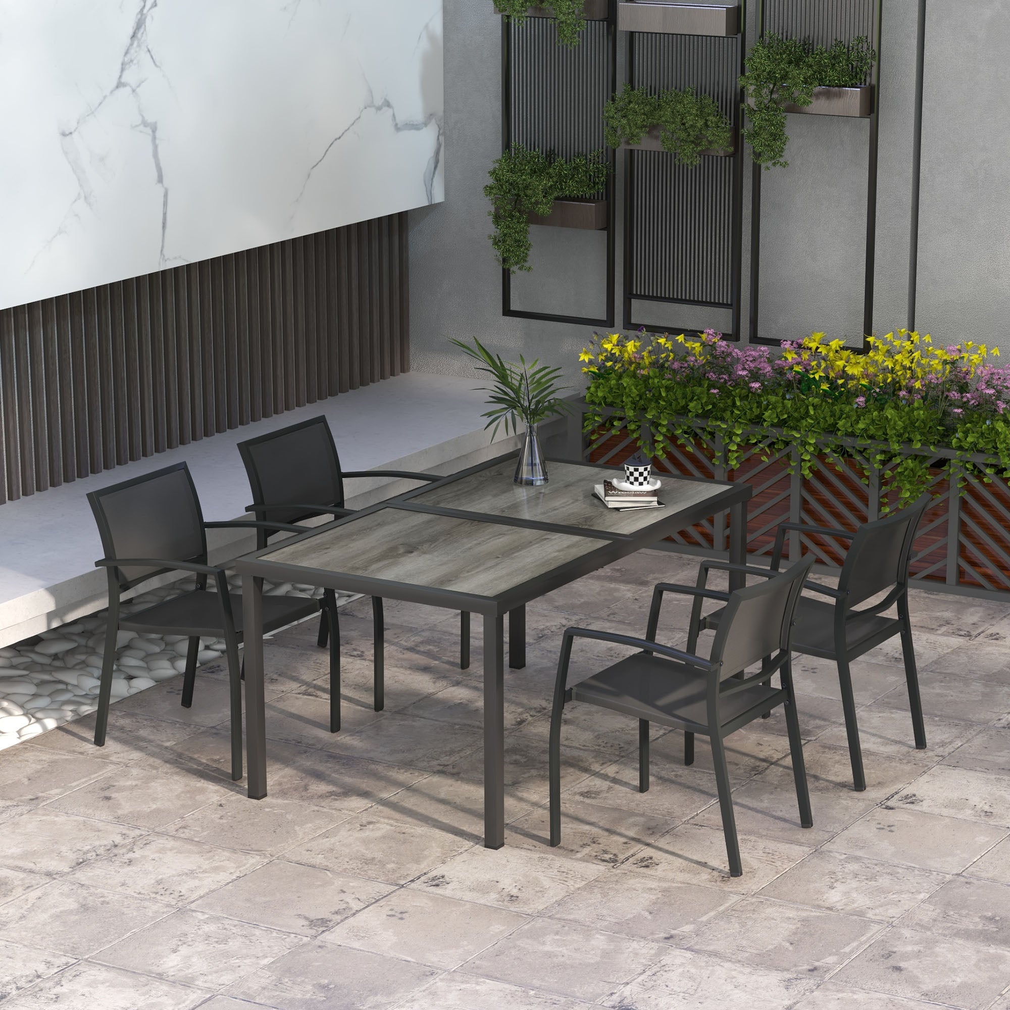 Outsunny Five-Piece Casual Outdoor Dining Set, with Wood-Effect Table - Grey 