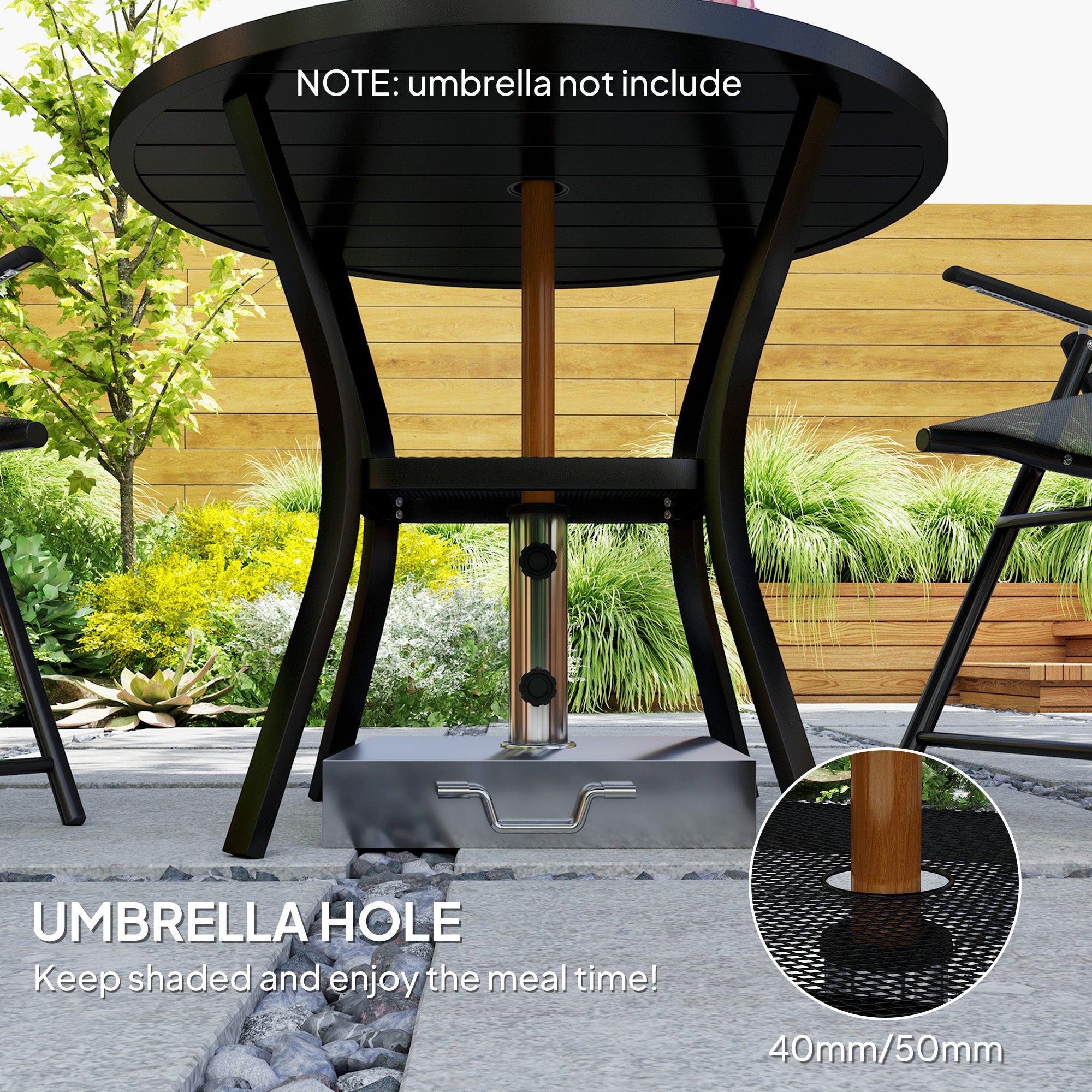 Outsunny 90 cm Garden Dining Table with 4-5 cm Parasol Hole, Round Outdoor Dining Table, Steel Garden Table with Slatted Metal Top and Wire Shelf for Balcony, Porch, Black 
