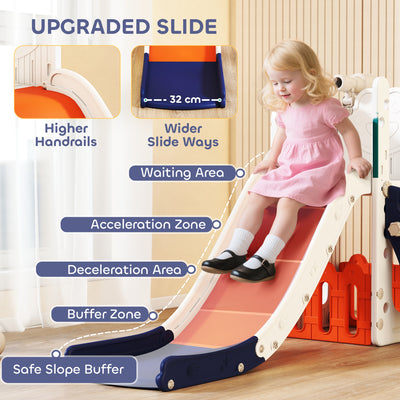 AIYAPLAY 5 in 1 Kids Slide Set with Basketball Hoop, Climbing Frame, Telescope, Storage Box for Toddlers Ages 1-3, Orange 