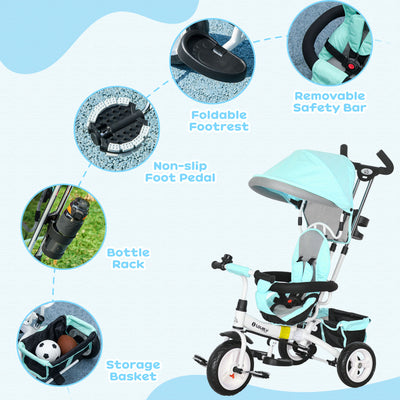 HOMCOM 6 in 1 Kids Trike Push Bike w/ Push Handle, Canopy, 5-point Safety Belt, Storage, Footrest, Brake, for 1-5 Years, Green 
