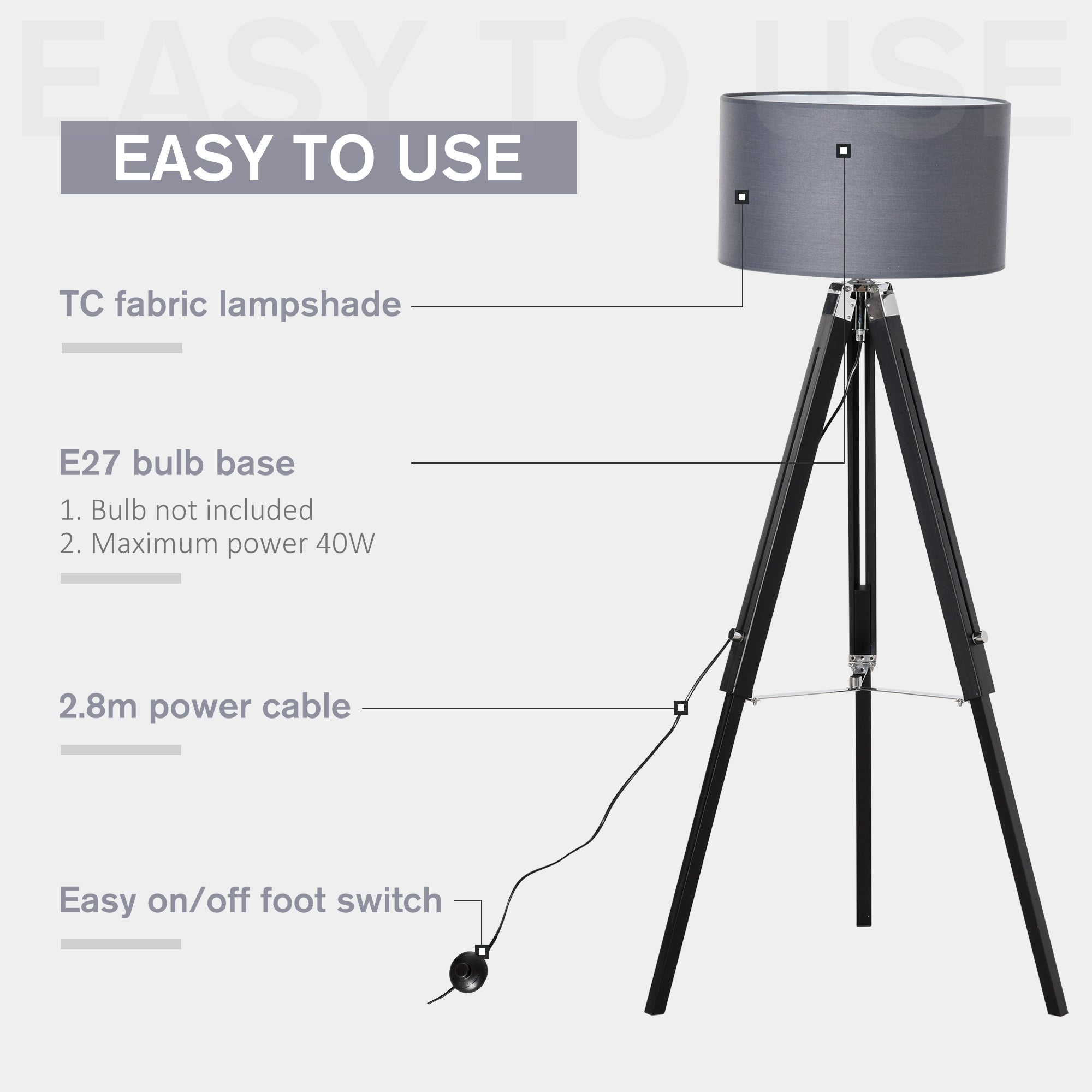 HOMCOM Modern Tripod Floor Lamps for Living Room with Fabric Lampshade, Standing Lamp for Bedroom Bulb not Included, Grey and Black 