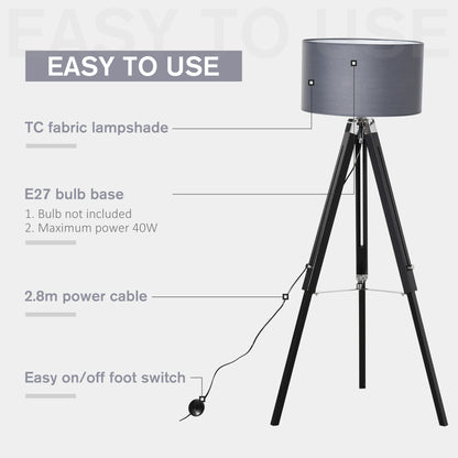HOMCOM Modern Tripod Floor Lamps for Living Room with Fabric Lampshade, Standing Lamp for Bedroom Bulb not Included, Grey and Black 