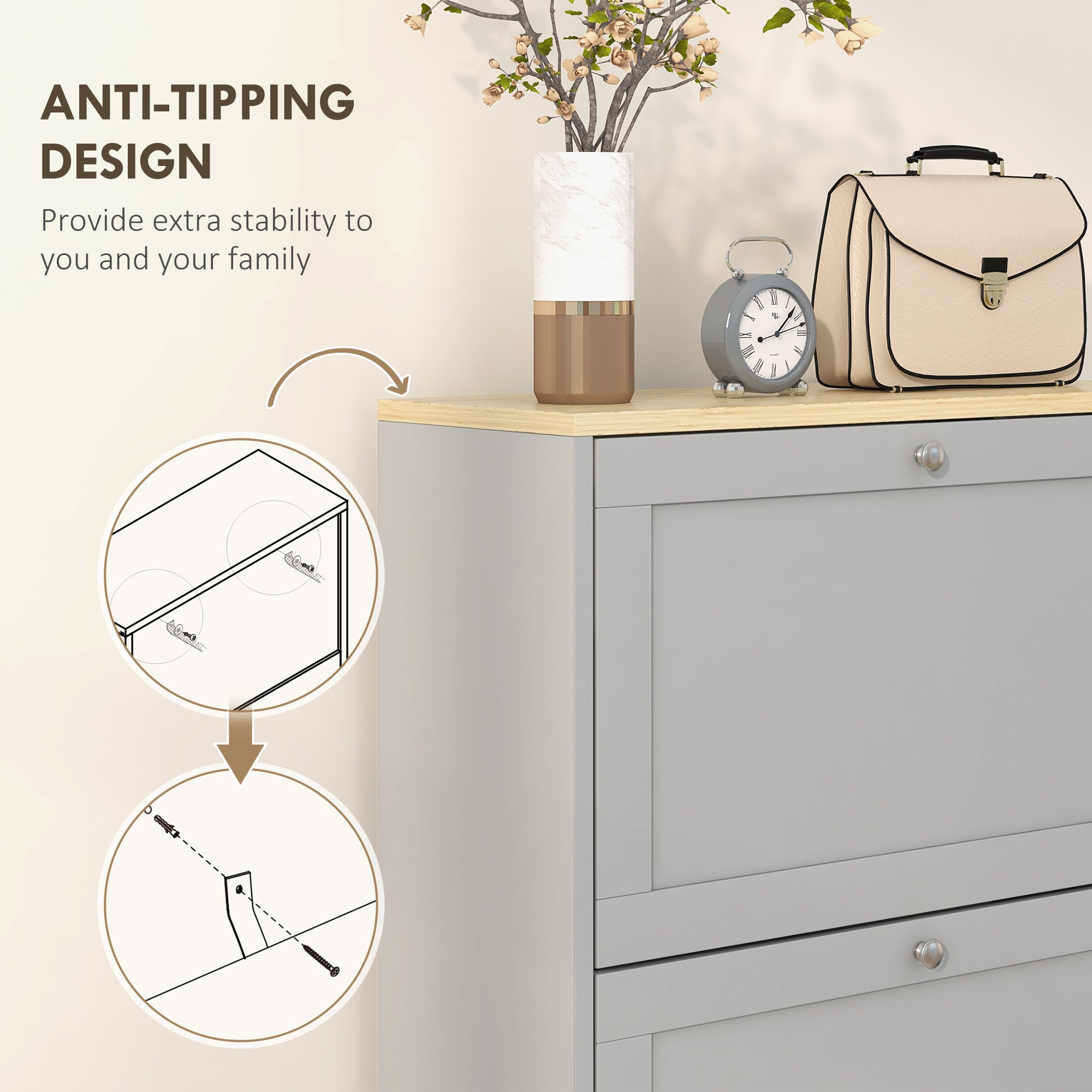 HOMCOM Modern Compact Three-Drawer Shoe Storage Cabinet - Grey