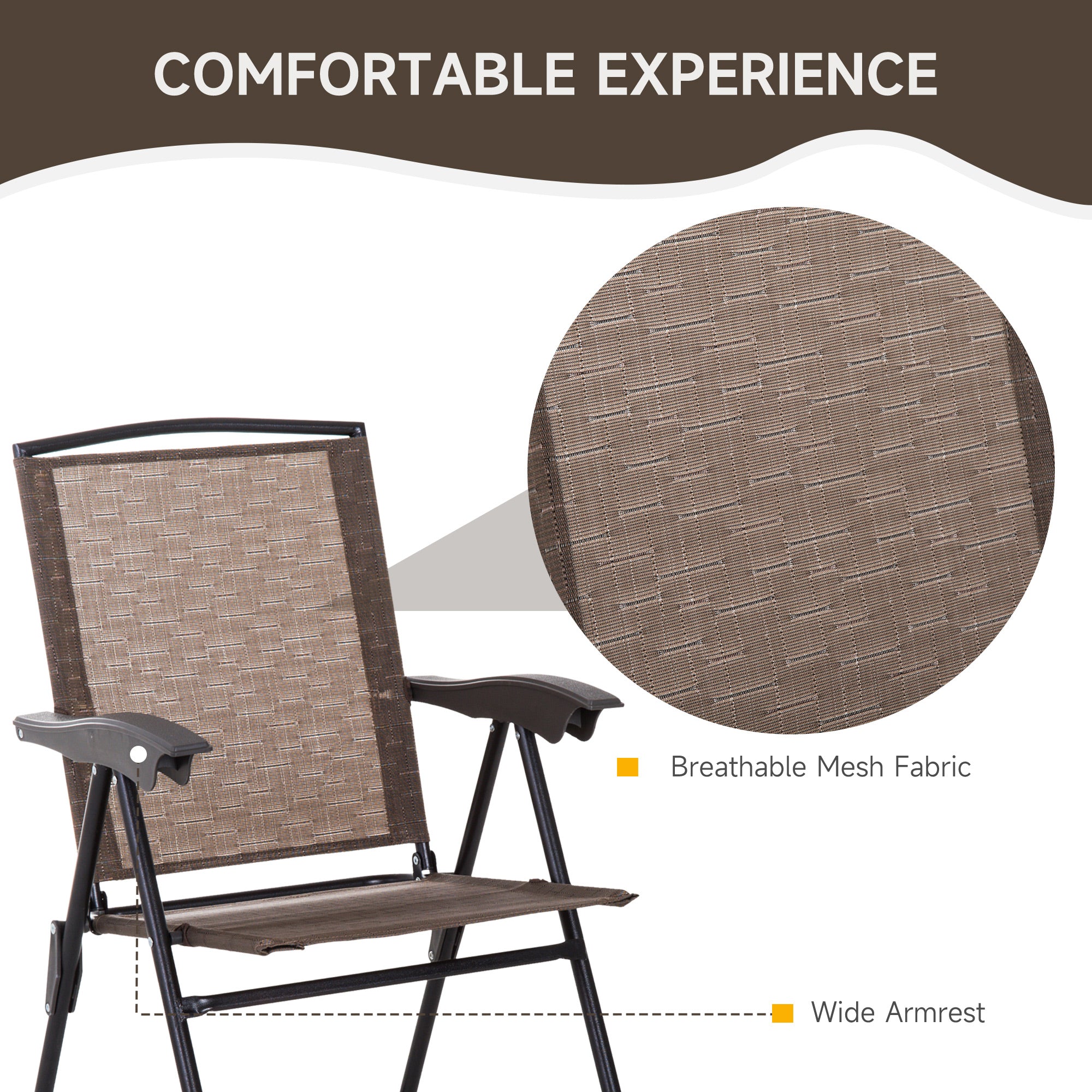 Outsunny 3 Piece Outdoor Bistro Set, Patio Conversation Furniture Set with 2 Folding Backrest Adjustable Armchairs and Glass Top Coffee Table, Brown 